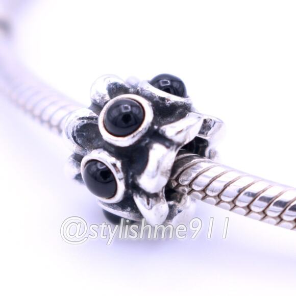 Authentic PANDORA Sterling Silver Forget Me Not Onyx Charm - 790470O - Picture 1 of 10